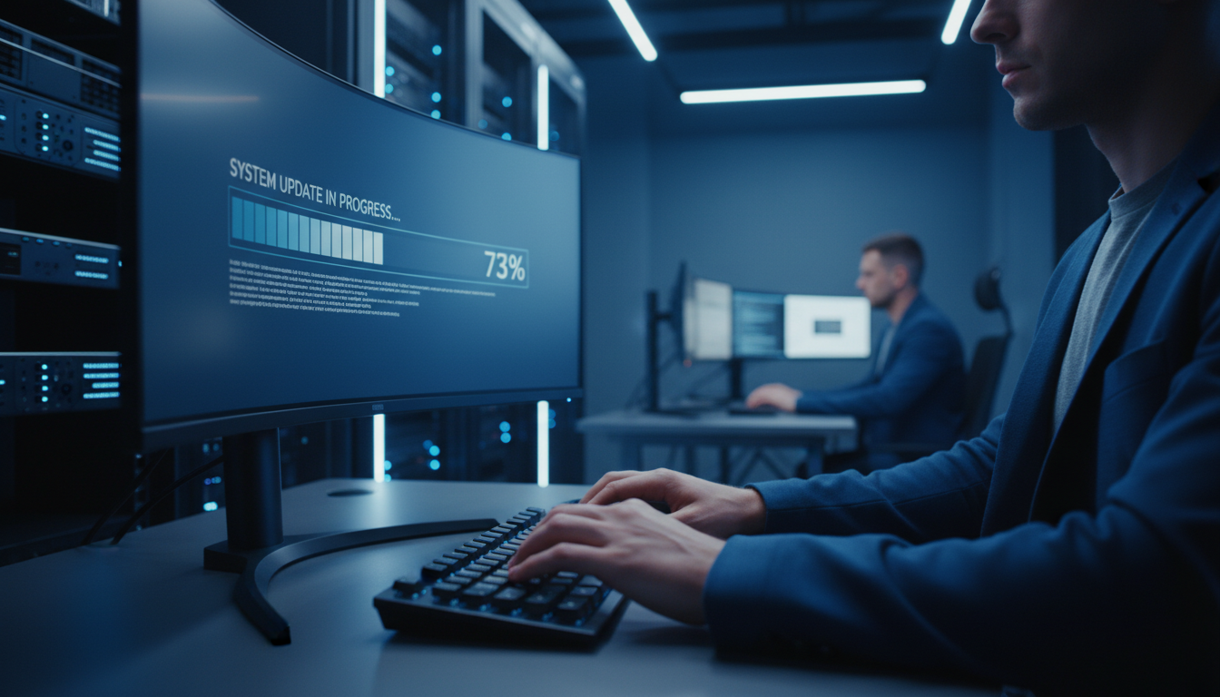 IT-специалист устанавливает обновление программы на сервере в офисе