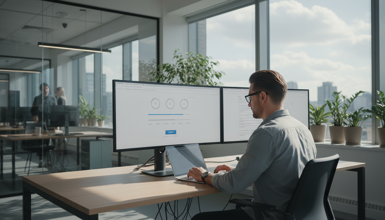 Разработчик выполняет обновление CMS на ноутбуке в современном офисе