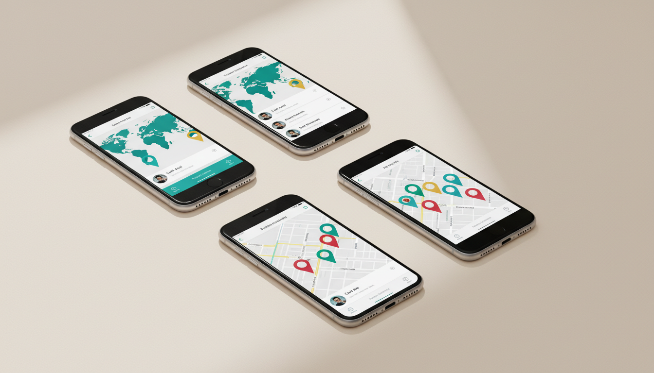 Несколько смартфонов отображают карточки компаний и баннеры геолокационной рекламы