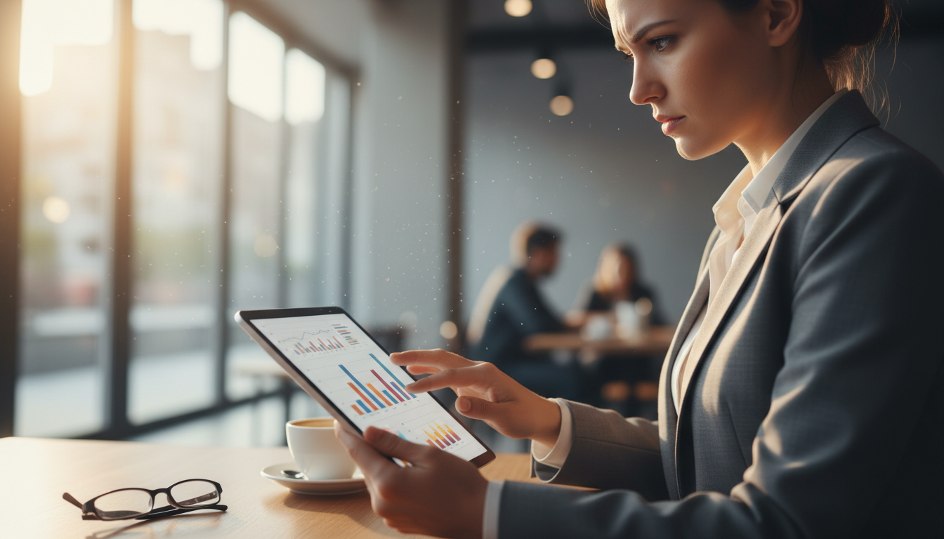 Бизнесмен анализирует метрики продвижения компании на геосервисе с планшетом в руках