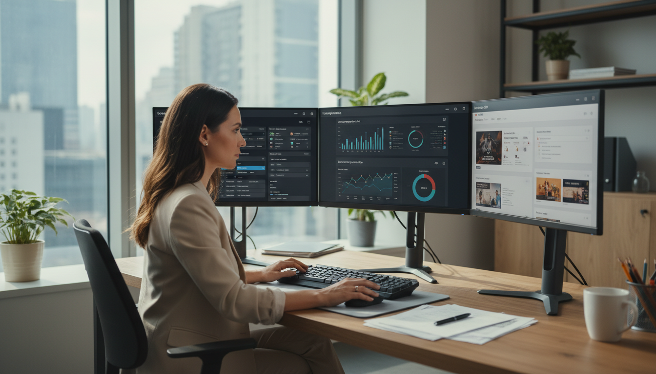 Специалист по контекстной рекламе настраивает рекламную кампанию за компьютером