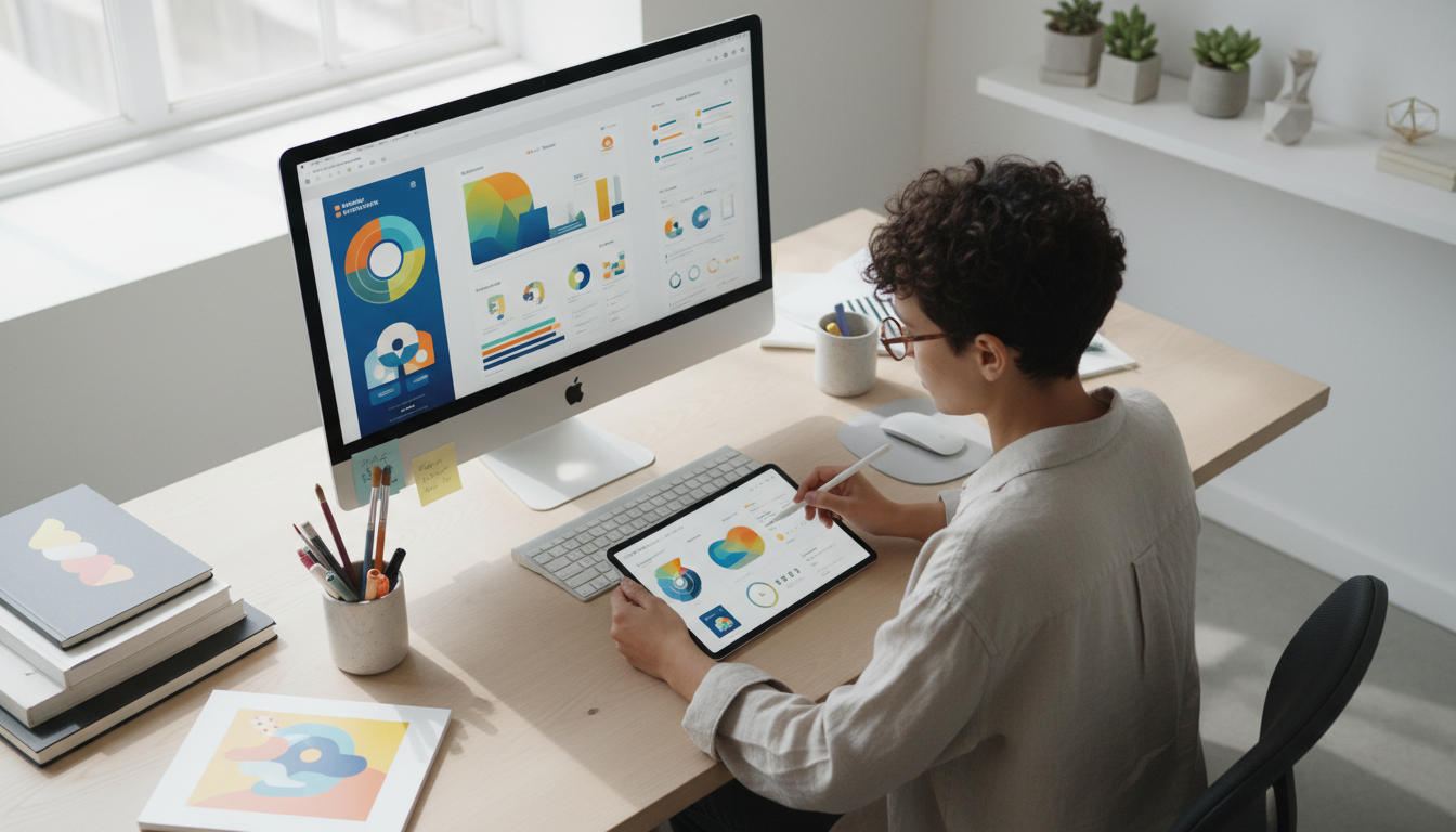 Дизайнер создаёт инфографику и rich-контент для карточки товара на планшете