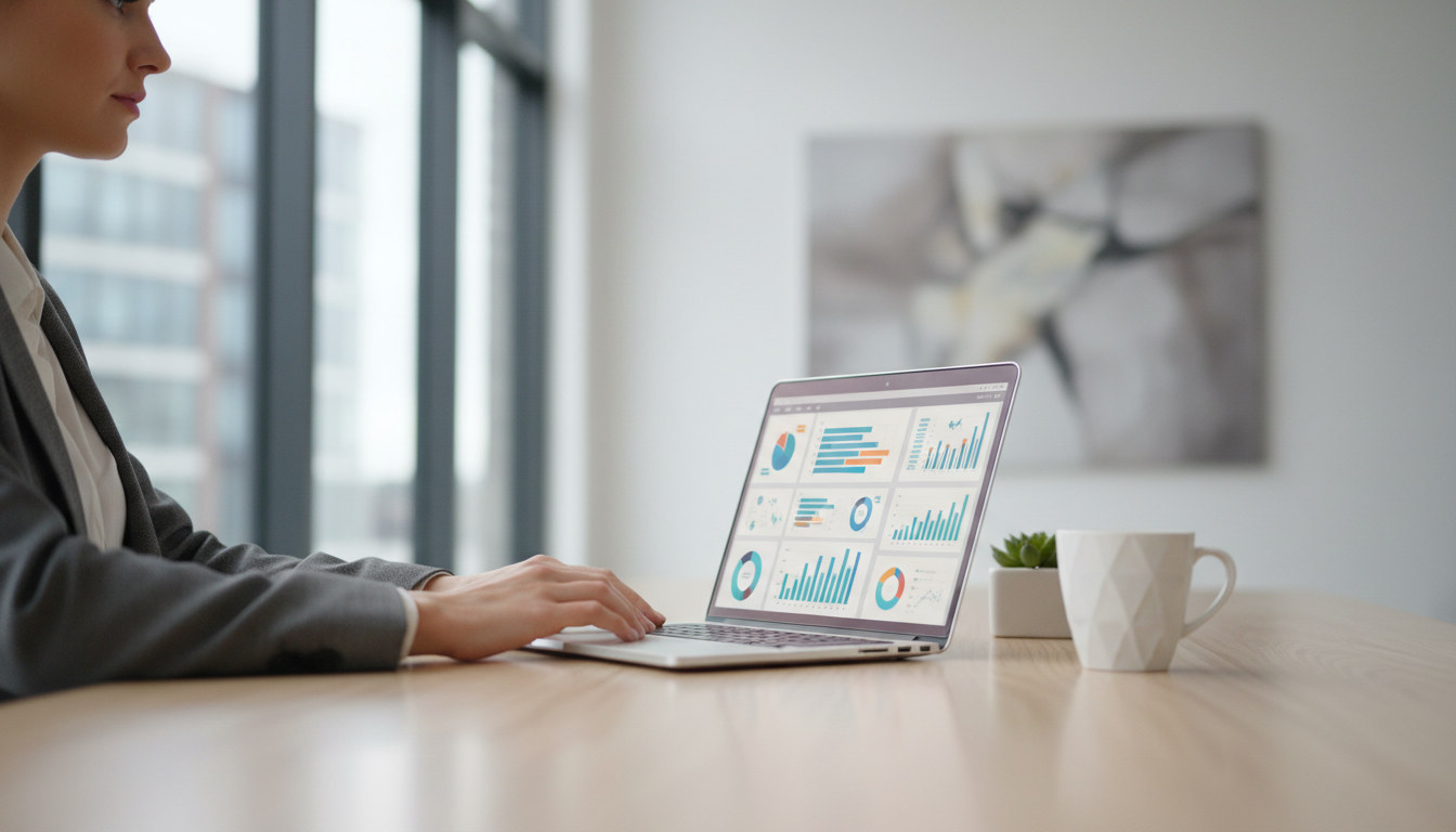 Рабочий стол маркетолога с ноутбуком и аналитическими дашбордами рекламных кампаний