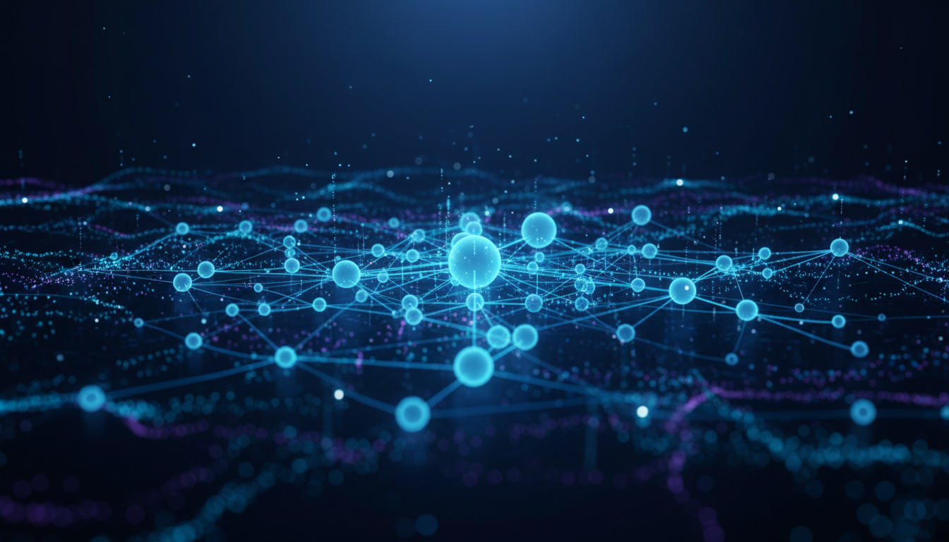 Визуализация сети ссылок между веб-сайтами в виде графа связей на тёмном фоне