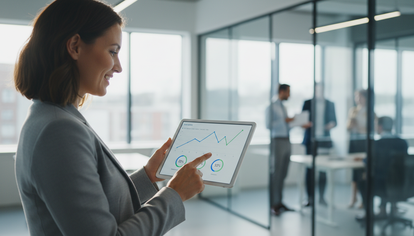 Дашборд аналитики сайта с графиками роста трафика и конверсий на планшете