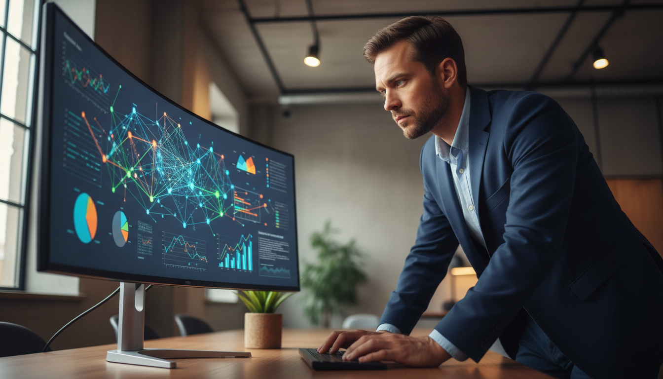 Аналитик изучает показатели качества сайта на экране компьютера