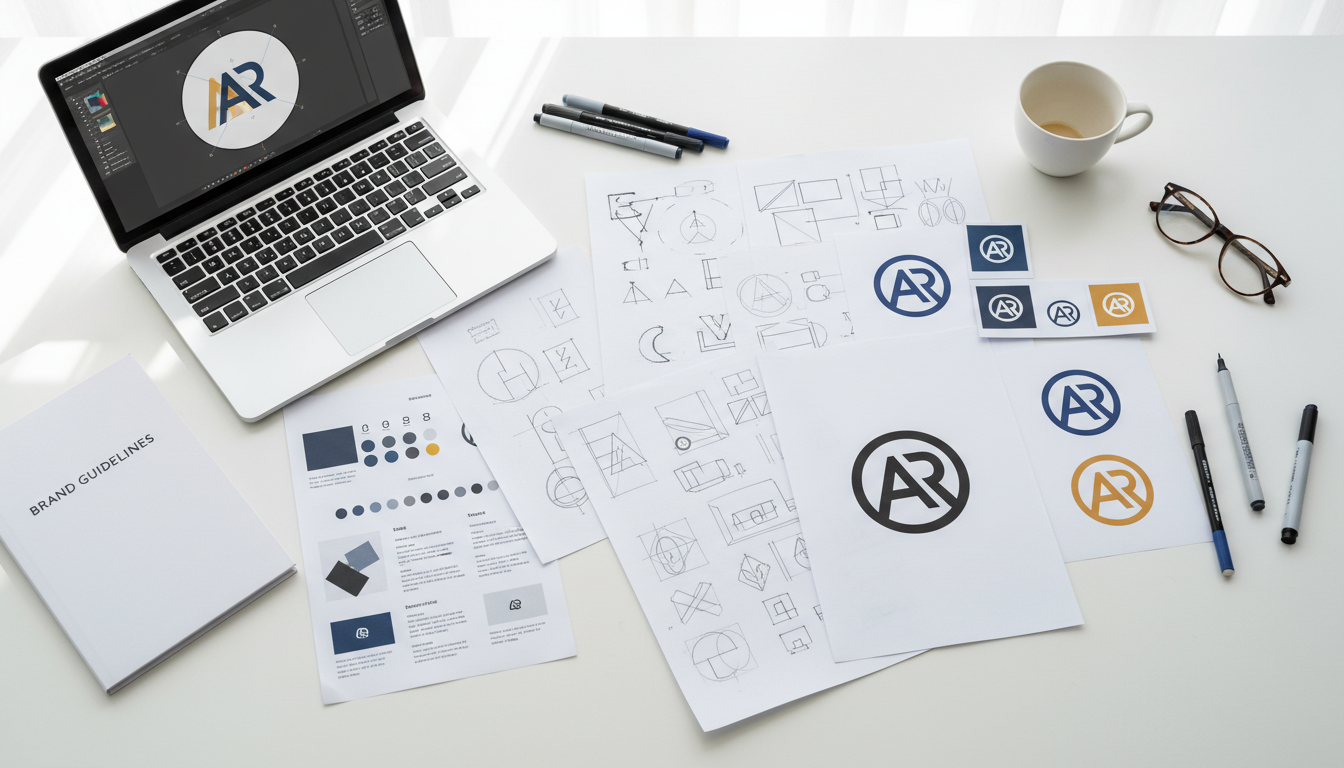 Этапы разработки логотипа: скетчи, векторные файлы и финальный брендбук на столе