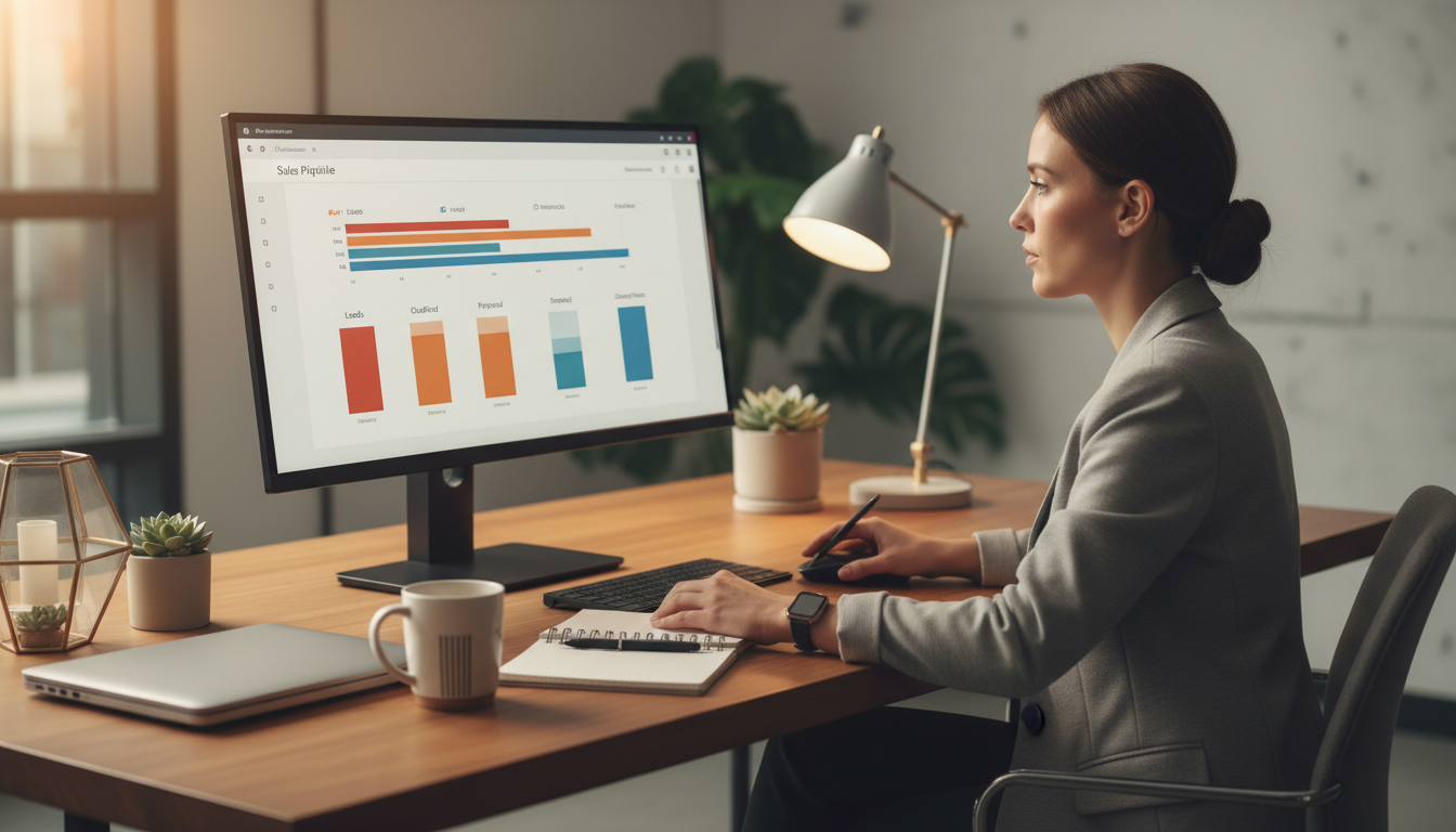 Менеджер по продажам работает в CRM-системе на компьютере, управляет сделками