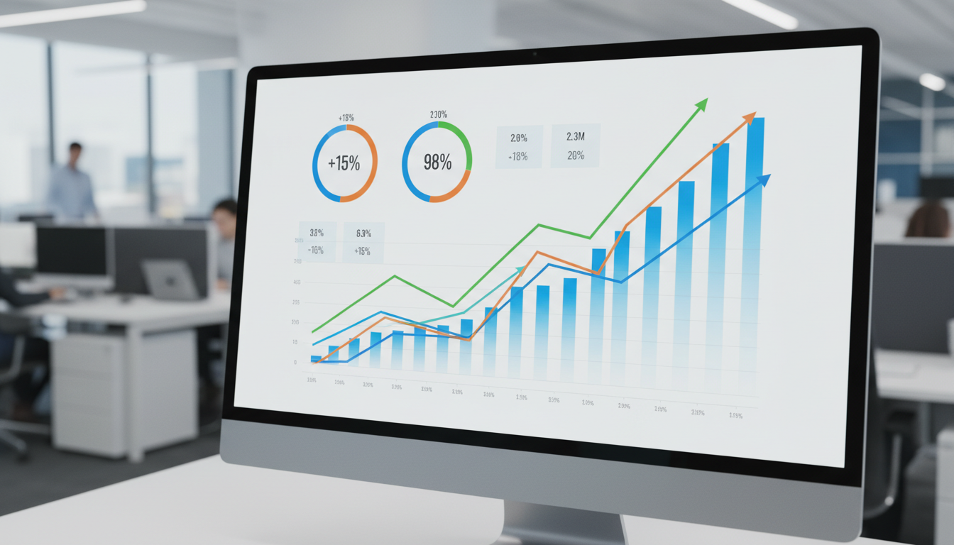 График роста продаж и аналитика на экране монитора после внедрения CRM