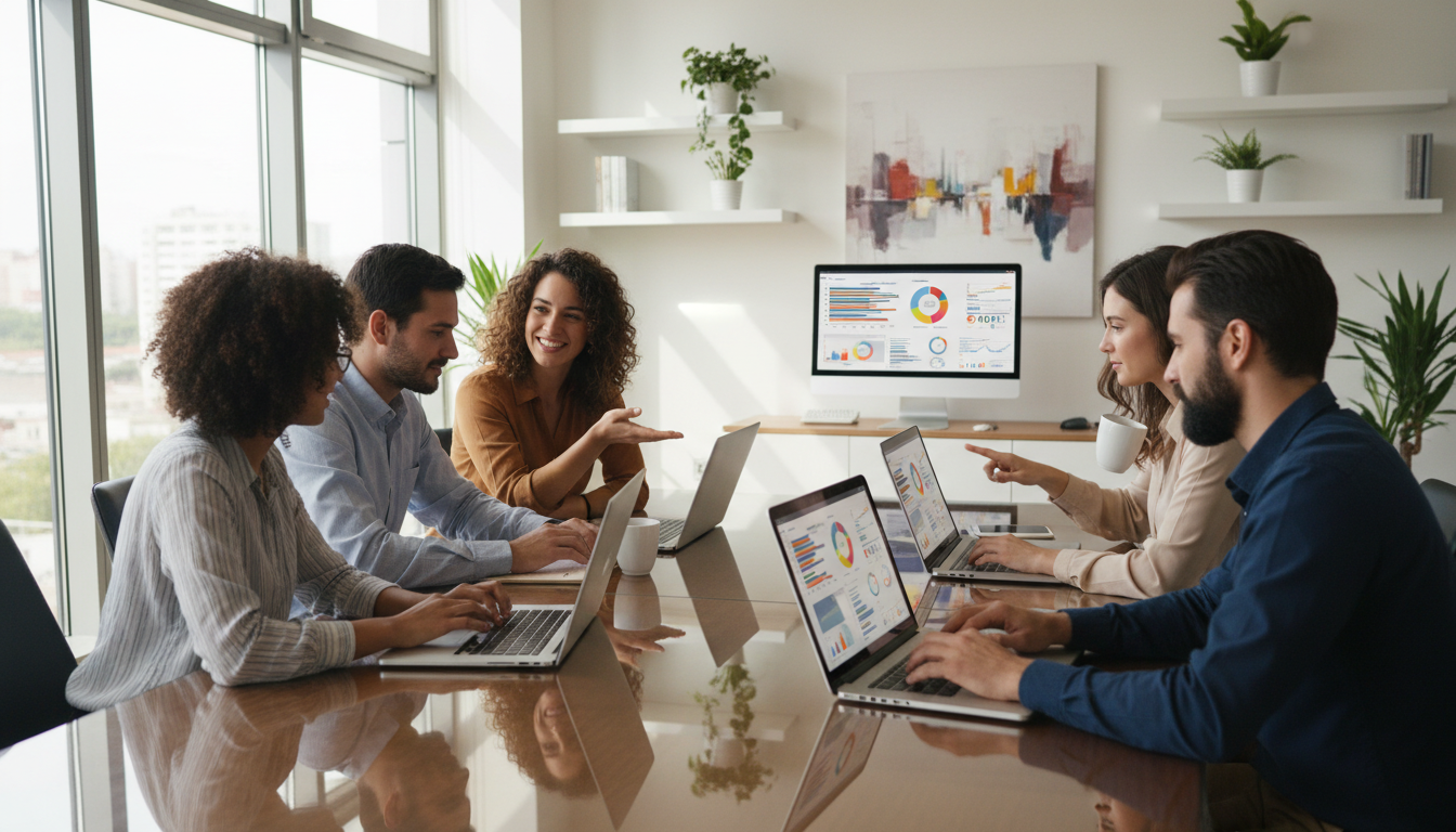 Команда специалистов обсуждает внедрение CRM-системы на совещании