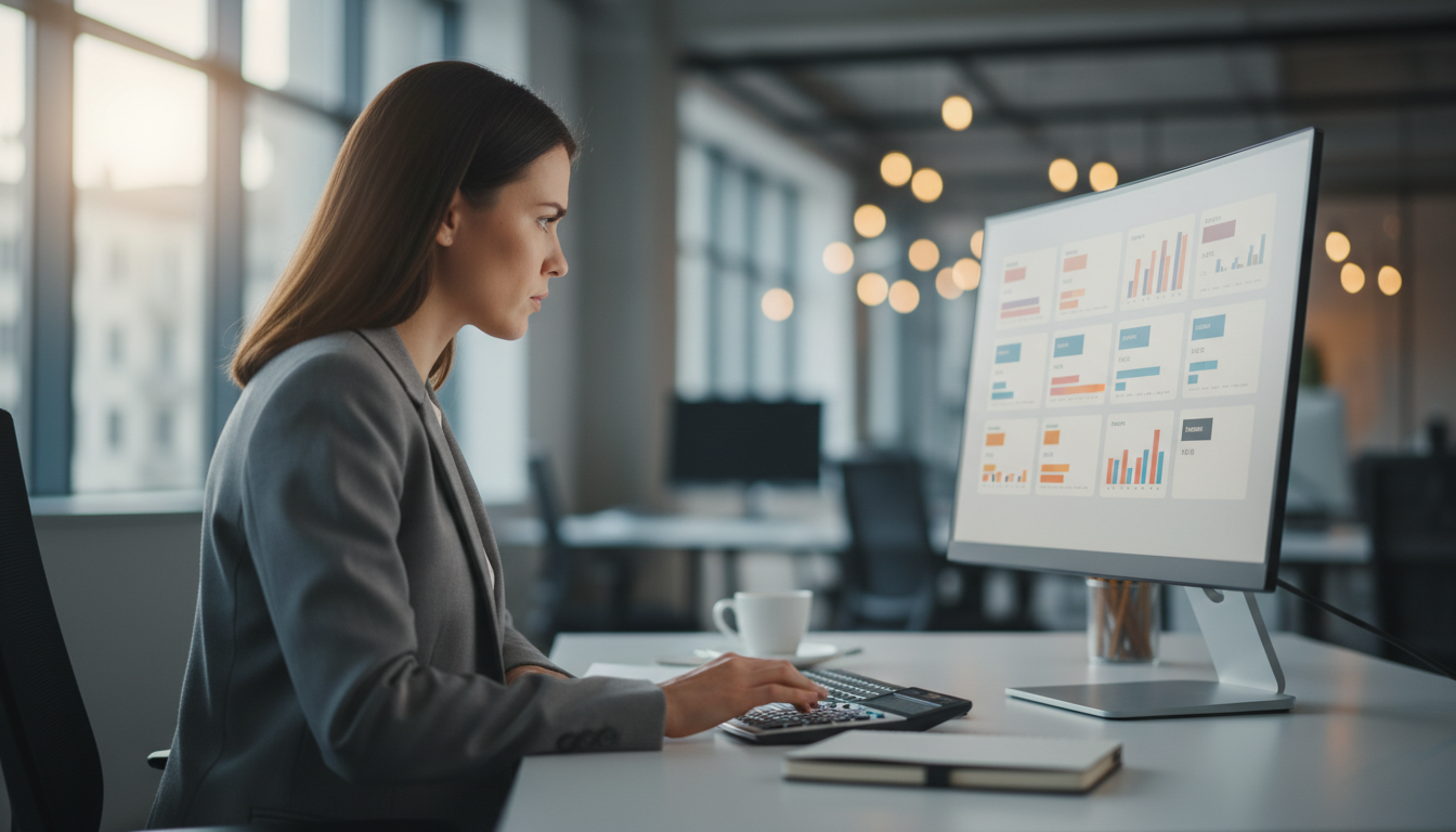 Таблица тарифов на экране монитора, бизнесмен сравнивает варианты подписки