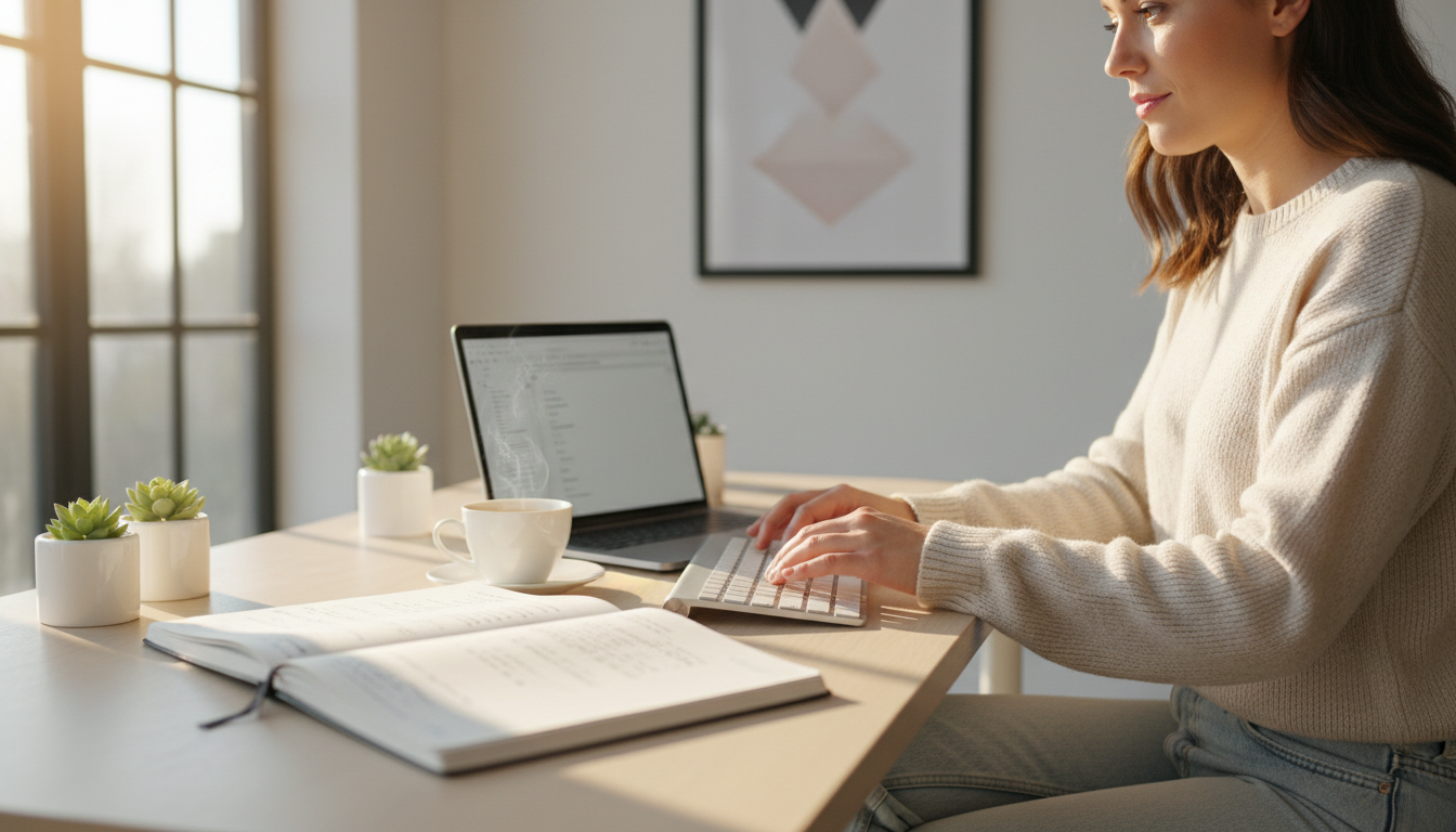 Копирайтер создаёт экспертный контент для SEO-продвижения сайта за рабочим столом