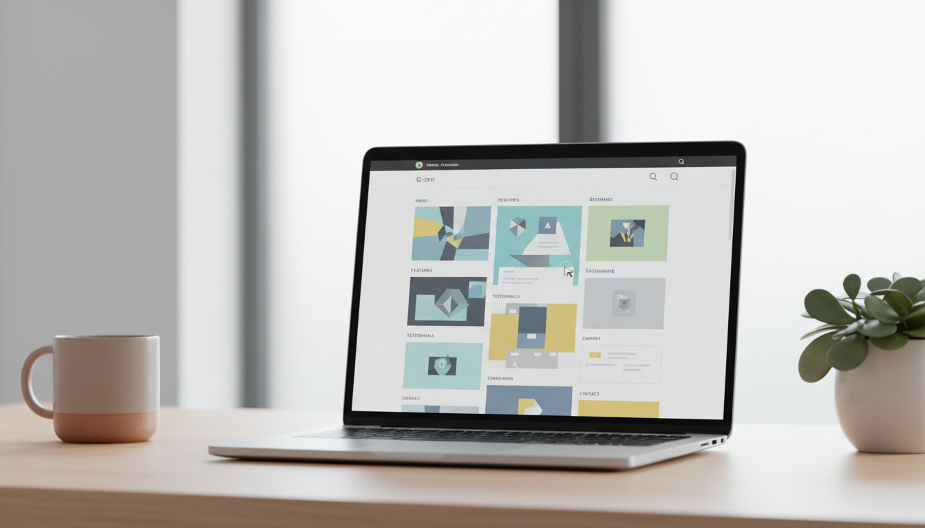 Экран ноутбука с интерфейсом конструктора сайтов Tilda и одностраничным лендингом
