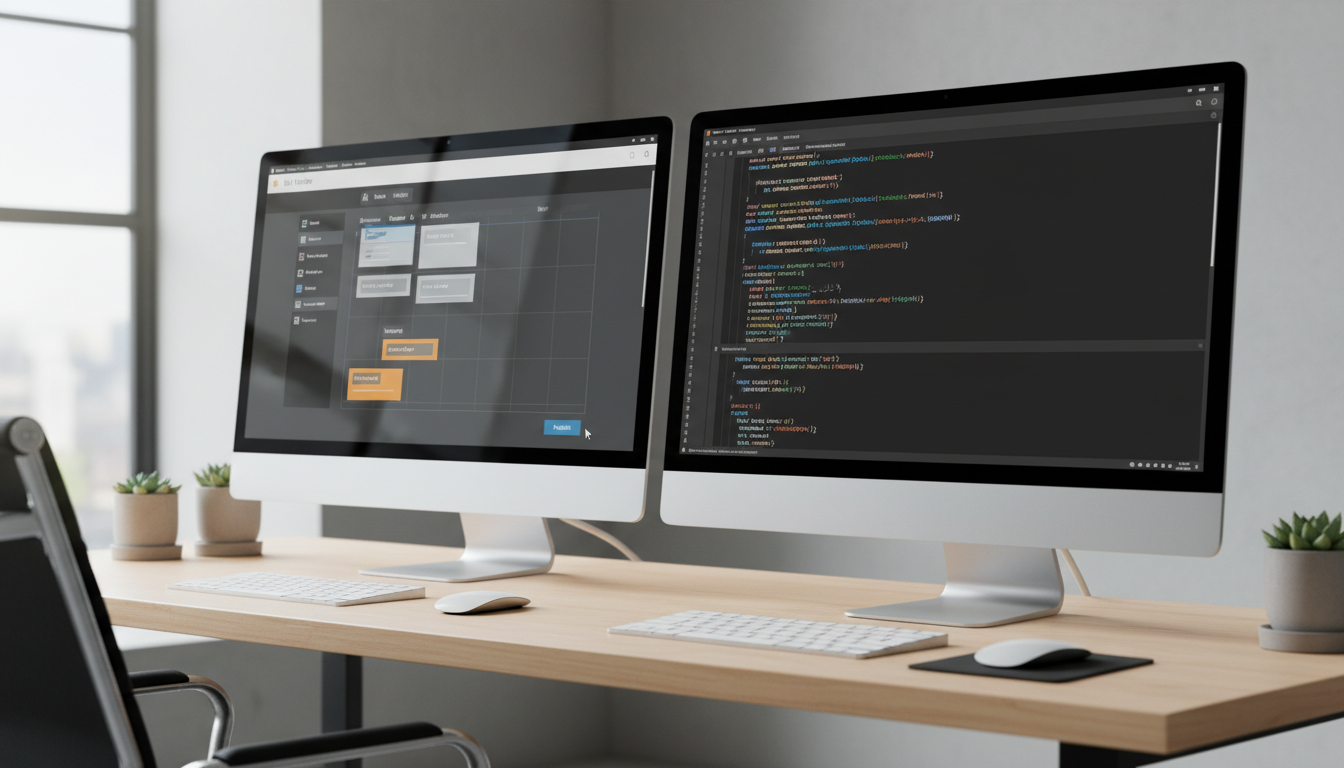 Сравнение no-code конструктора и профессиональной веб-разработки — два монитора с разными интерфейсами