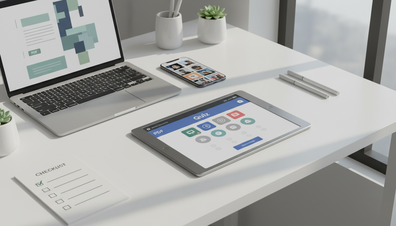 Различные форматы лид-магнитов: чек-листы, квизы, PDF-гайды и калькуляторы на экране ноутбука