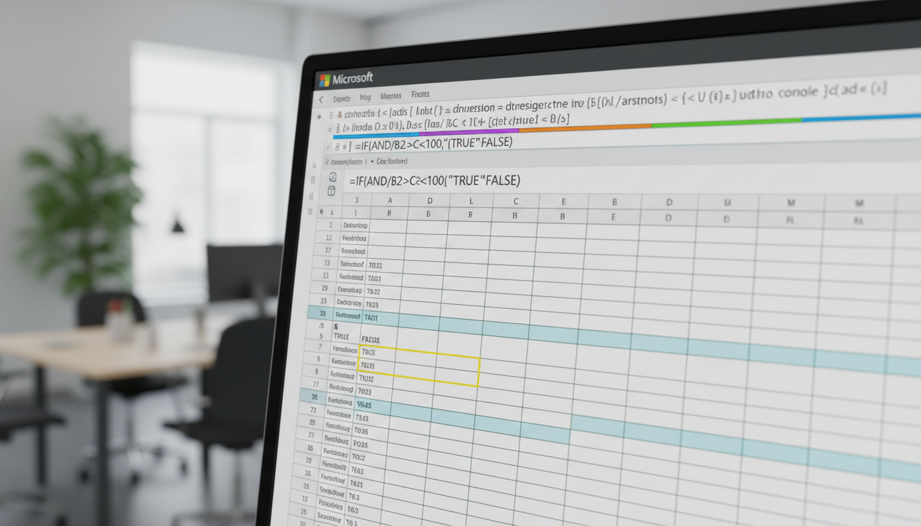Крупный план экрана монитора с формулами Excel и логическими функциями