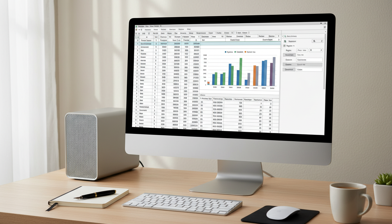 Сводная таблица Excel с диаграммами и срезами на экране компьютера