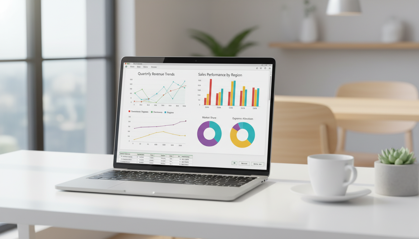 Экран ноутбука с красивыми диаграммами Excel и дашборд-отчётом
