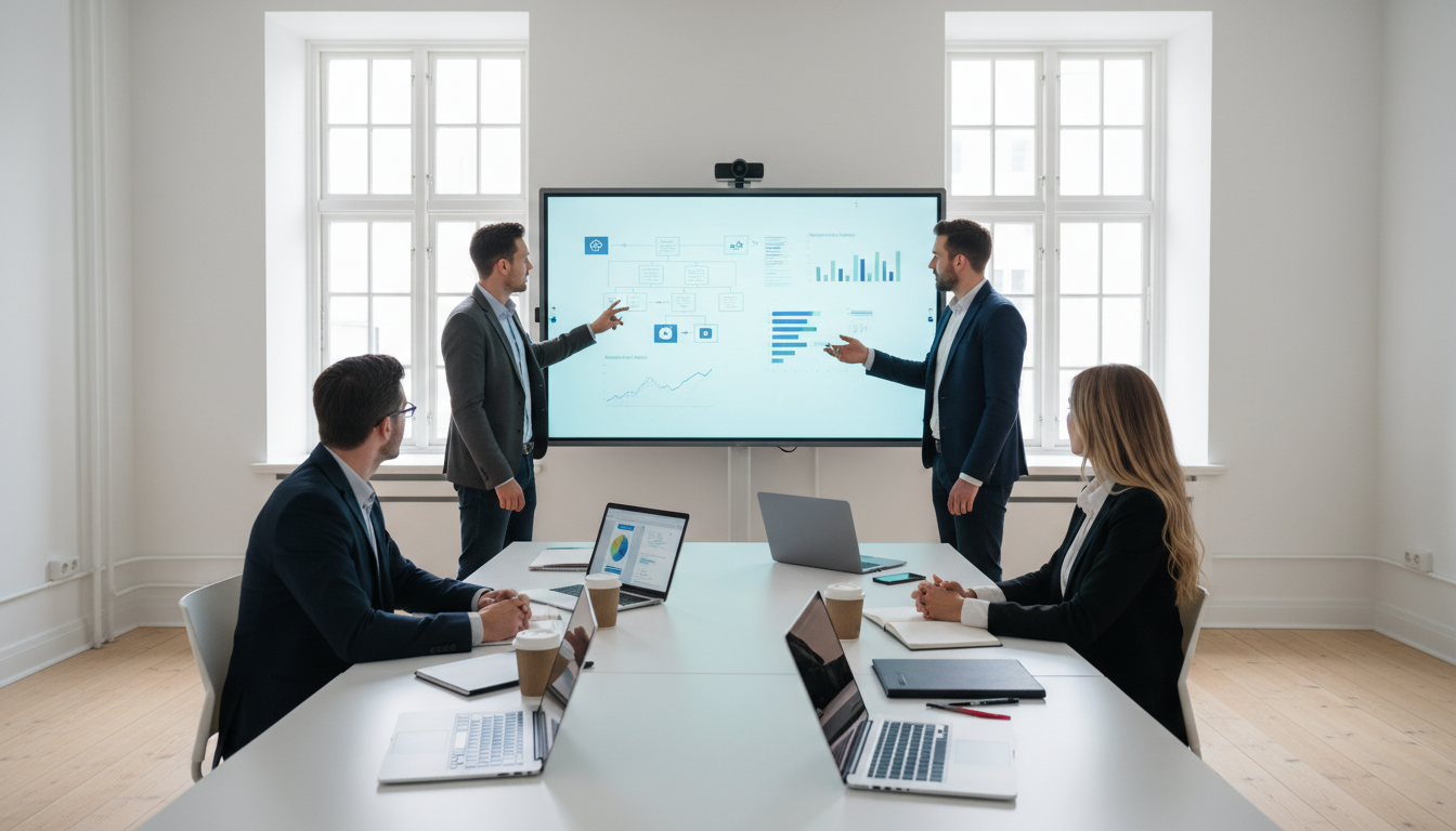 Бизнес-команда обсуждает стратегию продвижения в Telegram