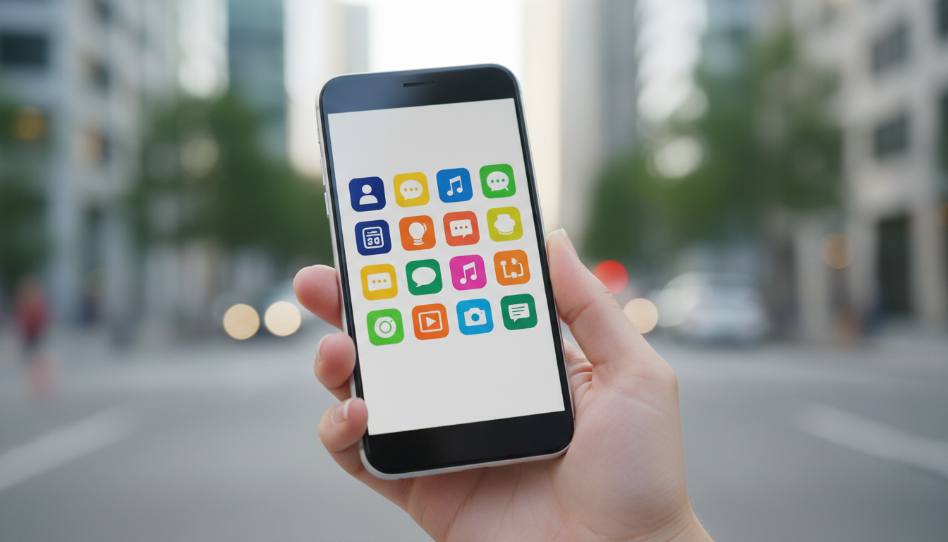 Смартфон с открытыми приложениями социальных сетей ВКонтакте и Telegram на фоне городского пейзажа