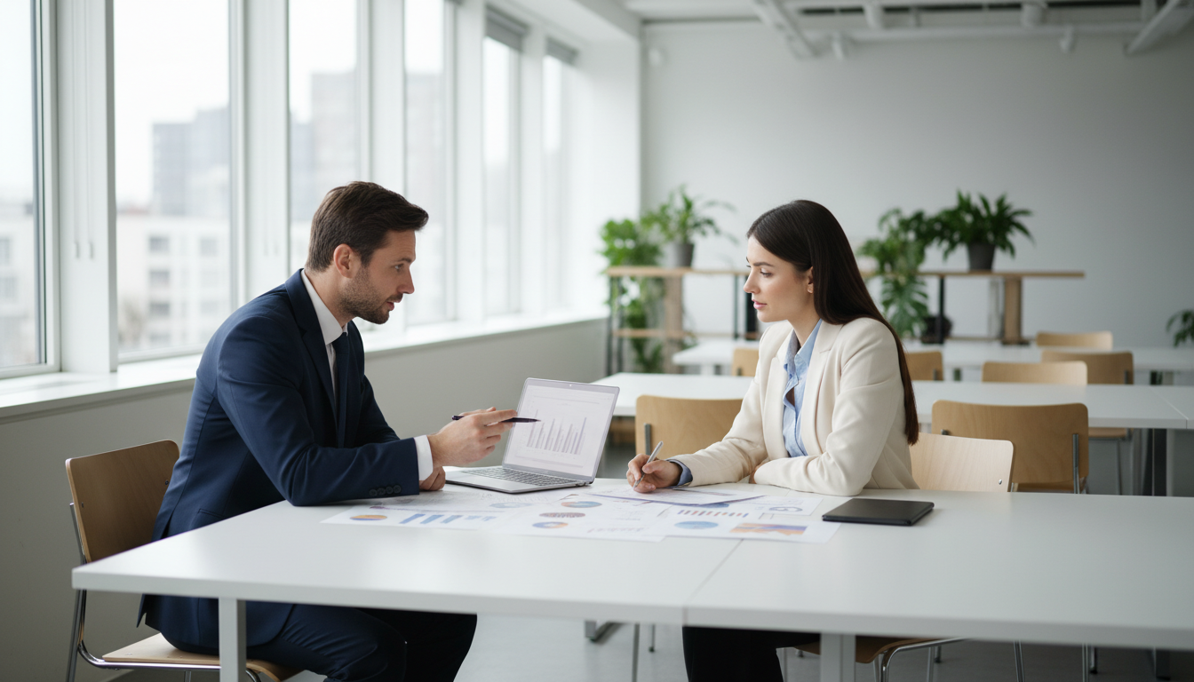 Встреча предпринимателя с SMM-специалистом: обсуждение стратегии продвижения за столом с документами и ноутбуком
