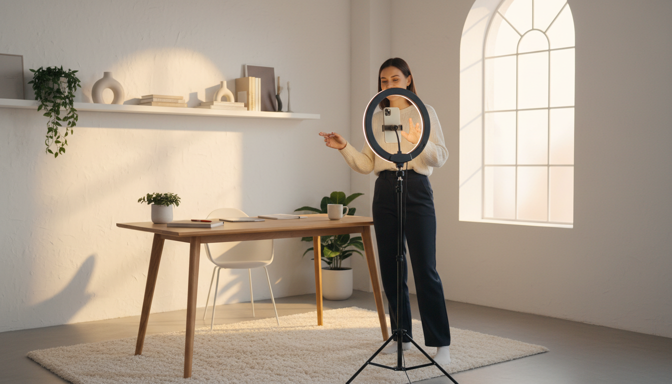 Создание видеоконтента для социальных сетей: человек снимает короткое видео на смартфон с кольцевой подсветкой