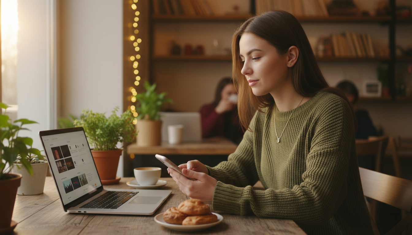 Владелец малого бизнеса настраивает рекламу в Яндекс Бизнес на смартфоне и ноутбуке