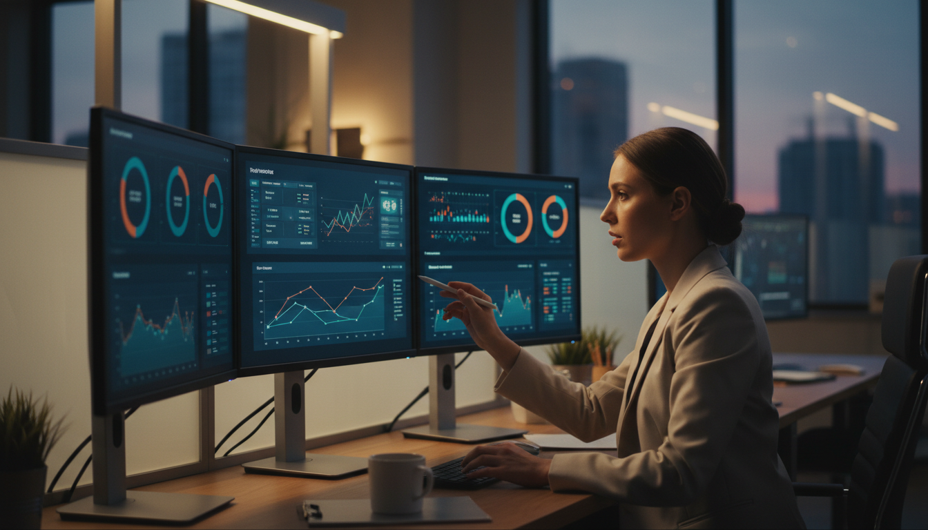 Маркетолог анализирует статистику рекламной кампании на нескольких экранах