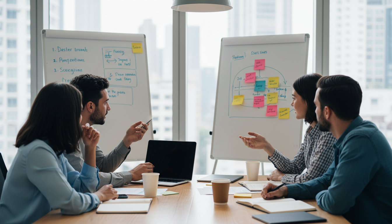 Команда разработчиков обсуждает план технической поддержки сайта