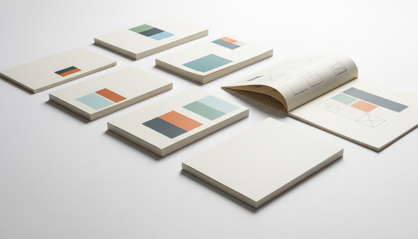 Несколько вариантов брендбуков разного объёма и формата, разложенных на белом фоне