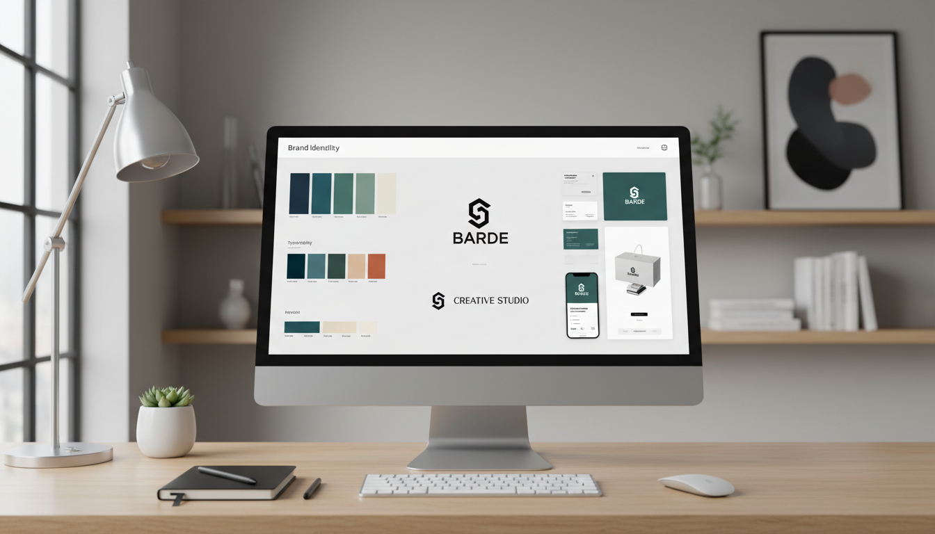 Элементы фирменного стиля компании — логотип, цветовая палитра, шрифты, макеты носителей на экране монитора