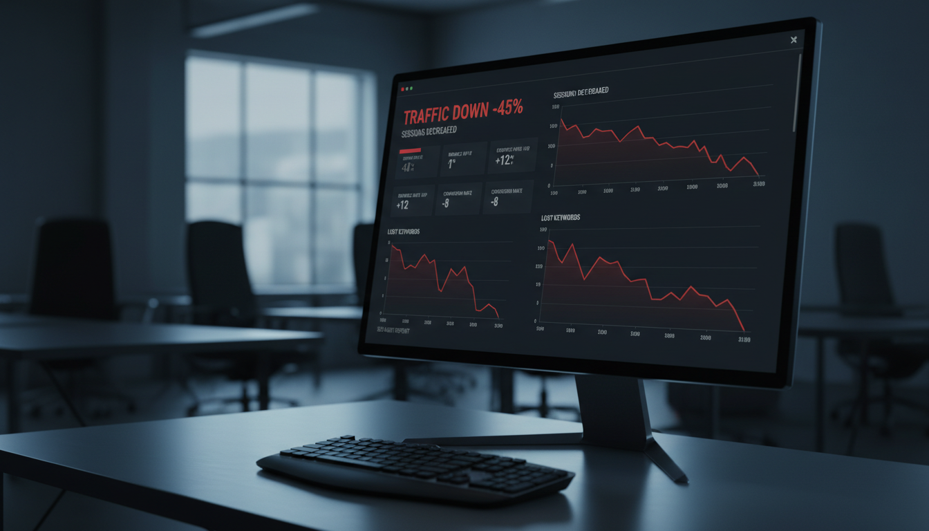 Аналитические данные о трафике сайта с падением показателей на экране монитора