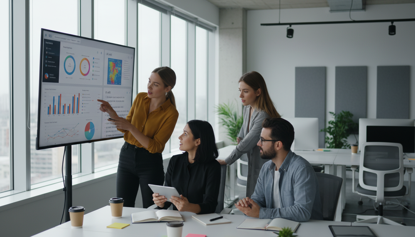 Команда маркетологов обсуждает стратегию SEO на основе данных аналитики