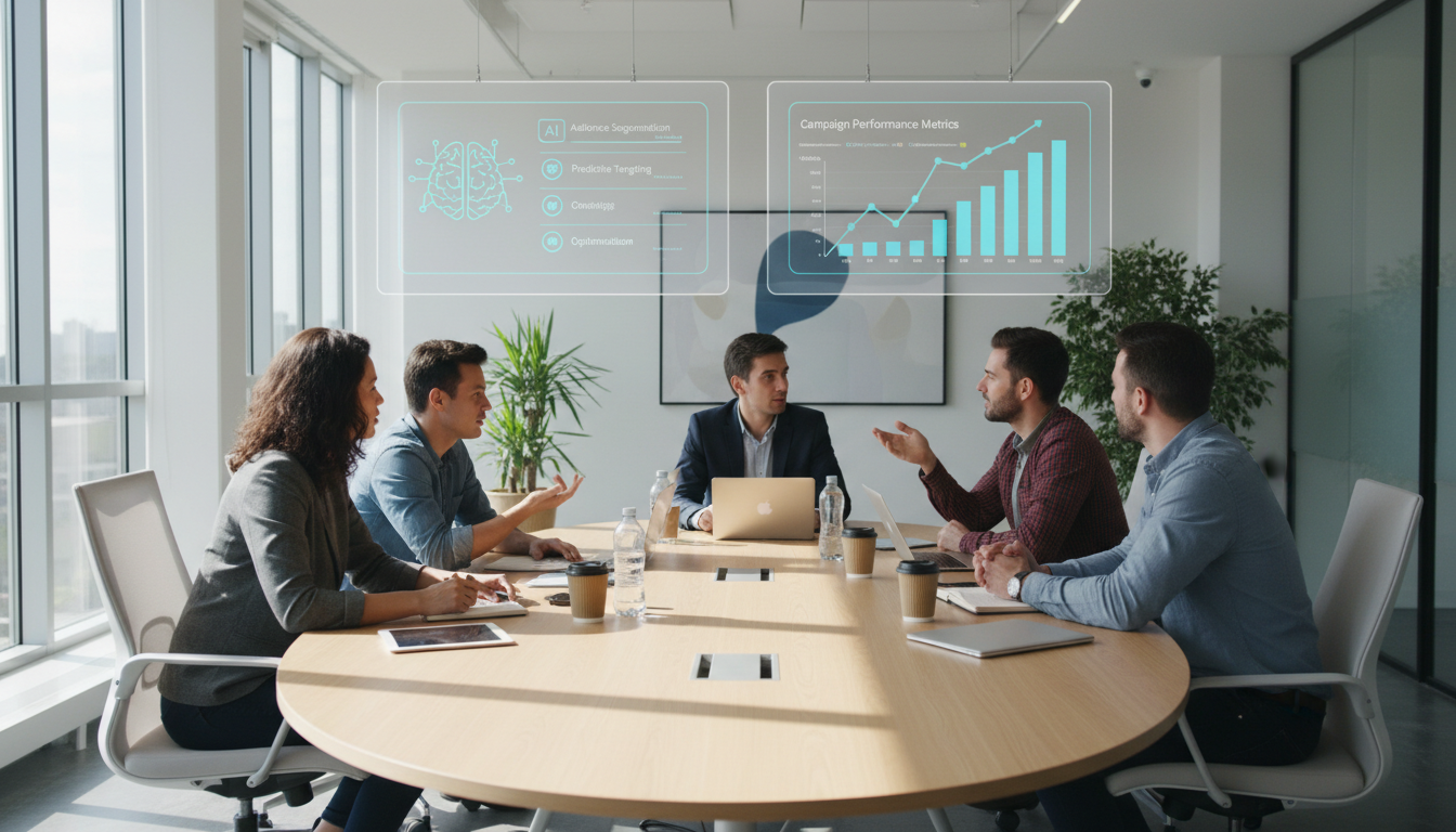 Команда маркетологов обсуждает стратегию цифровой рекламы с использованием искусственного интеллекта