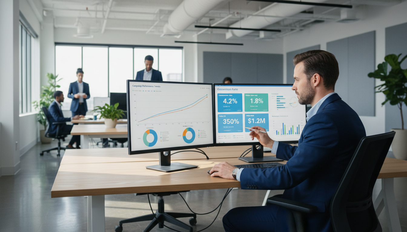 Аналитик изучает ключевые метрики рекламной кампании: ROI, CTR, конверсии на экране