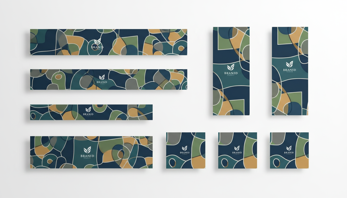 Готовый набор рекламных баннеров в разных форматах, разложенных в виде сетки на белом фоне