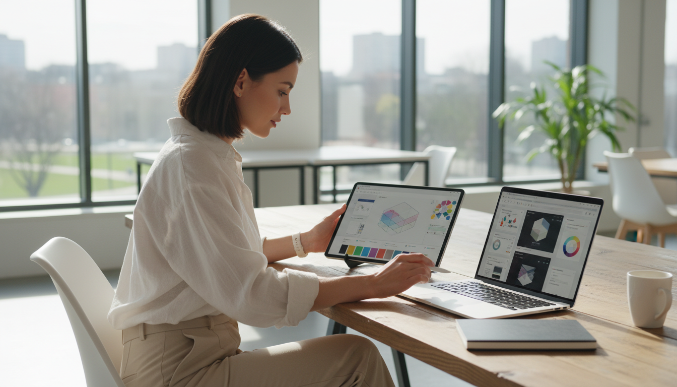 Маркетолог работает с онлайн-инструментом для ресайза баннеров на планшете и ноутбуке одновременно