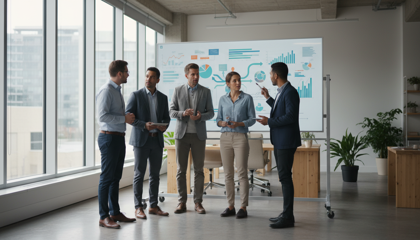 Команда SEO-специалистов обсуждает план восстановления позиций сайта