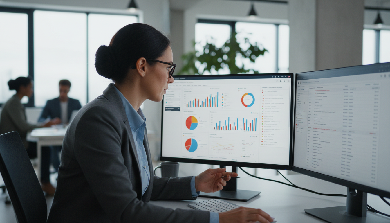 SEO-специалист анализирует технические ошибки сайта на мониторе с графиками и таблицами данных