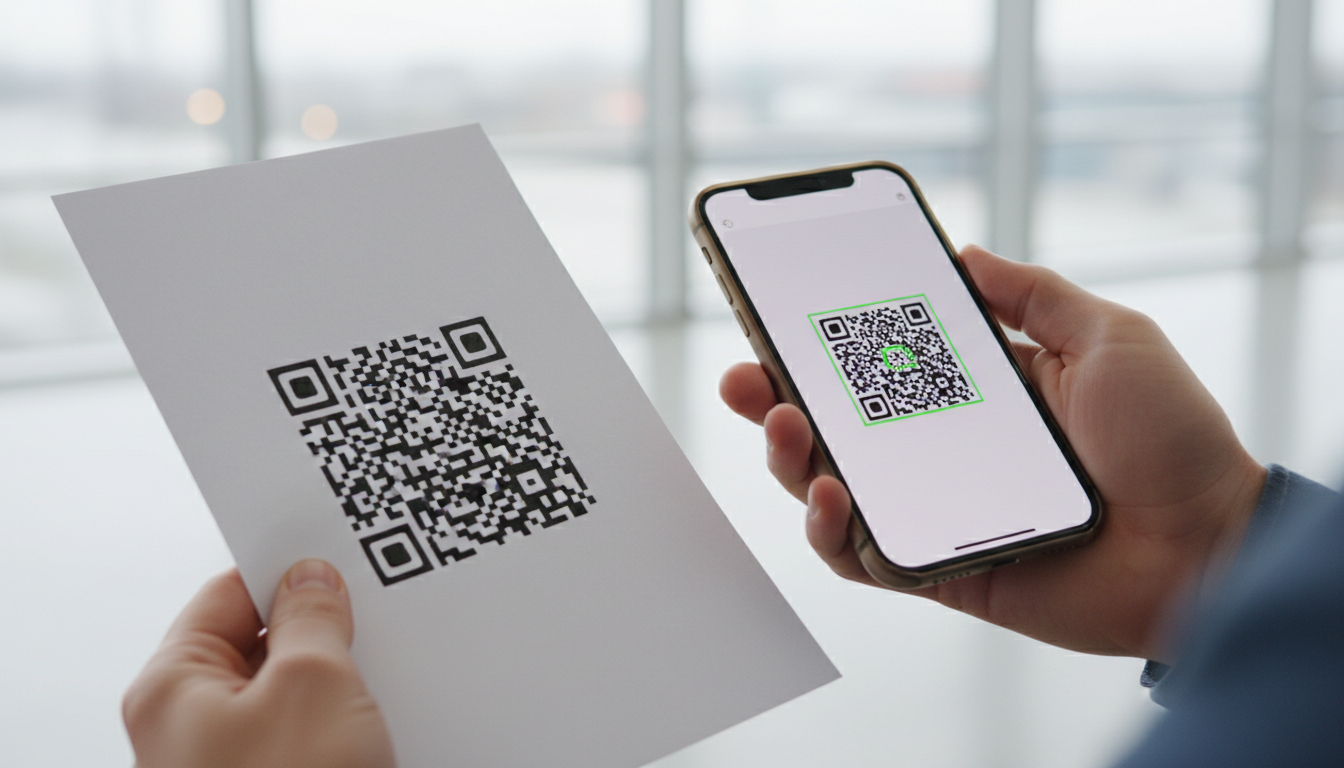 Флаер с QR-кодом — человек сканирует рекламный флаер смартфоном