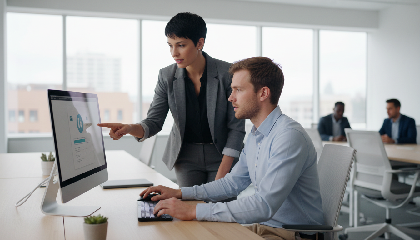 IT-специалист устанавливает обновление программы 1С на рабочем месте бухгалтера