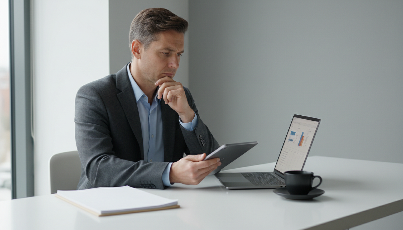 Бизнесмен анализирует стоимость тарифов и принимает решение о подписке на сервис