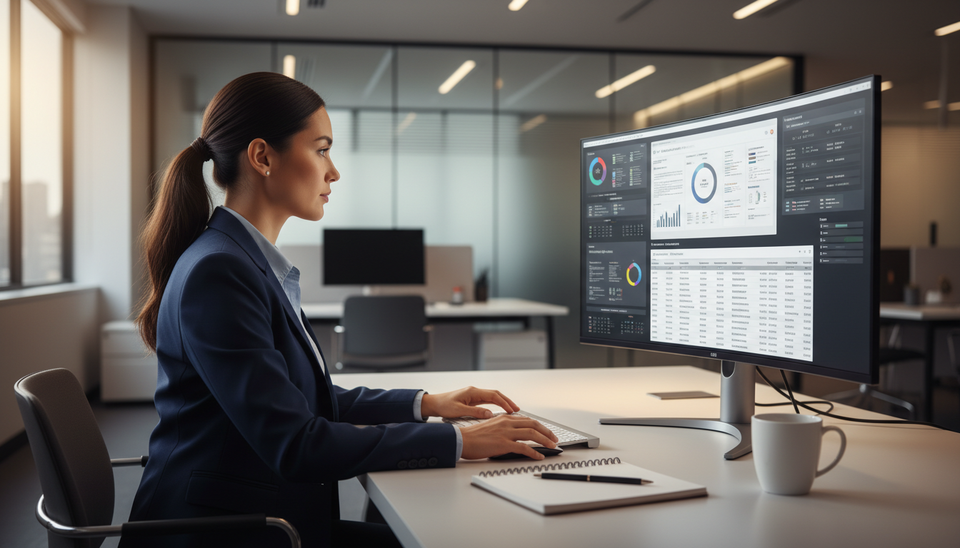 Бухгалтер работает с электронной отчётностью и сервисами 1С на компьютере