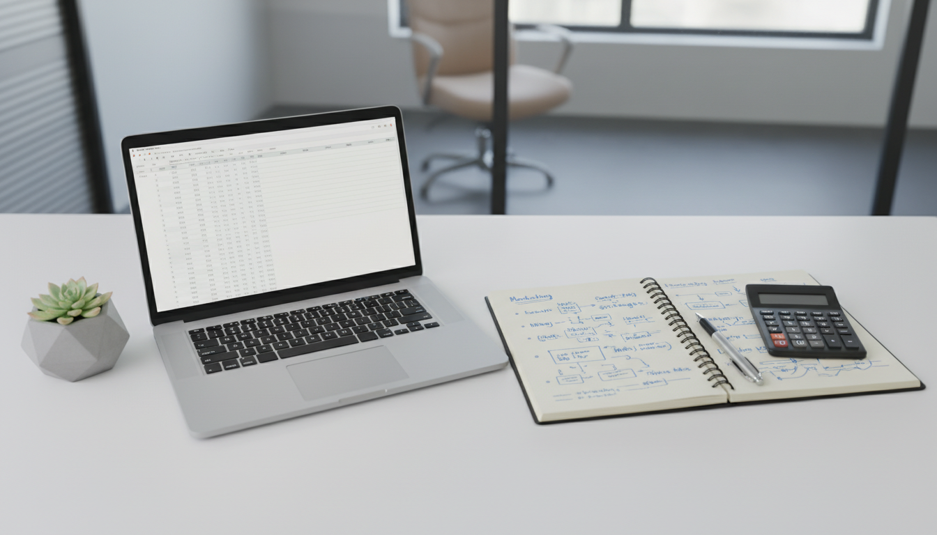 Таблица с расчётом SMM-бюджета на ноутбуке, рядом блокнот и маркеры для планирования