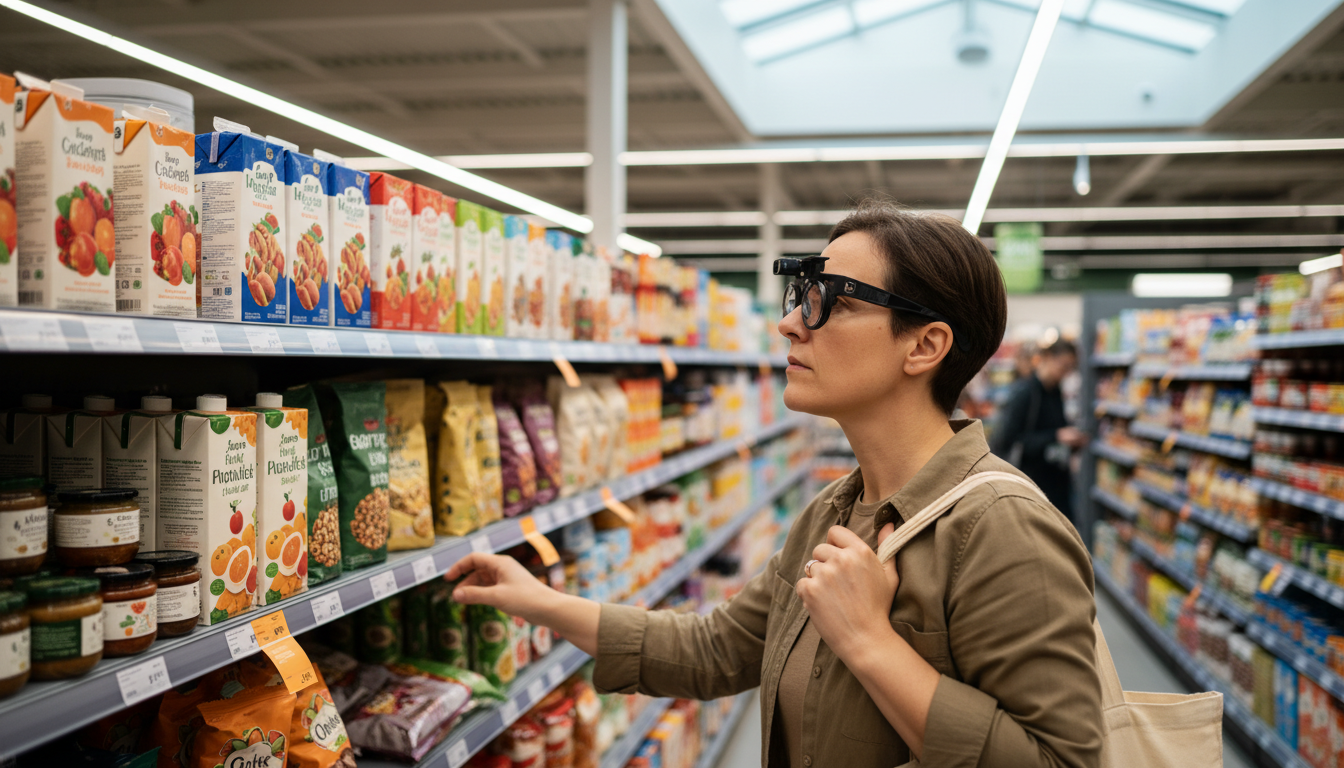 Покупатель в очках-айтрекере изучает полки с товарами в супермаркете