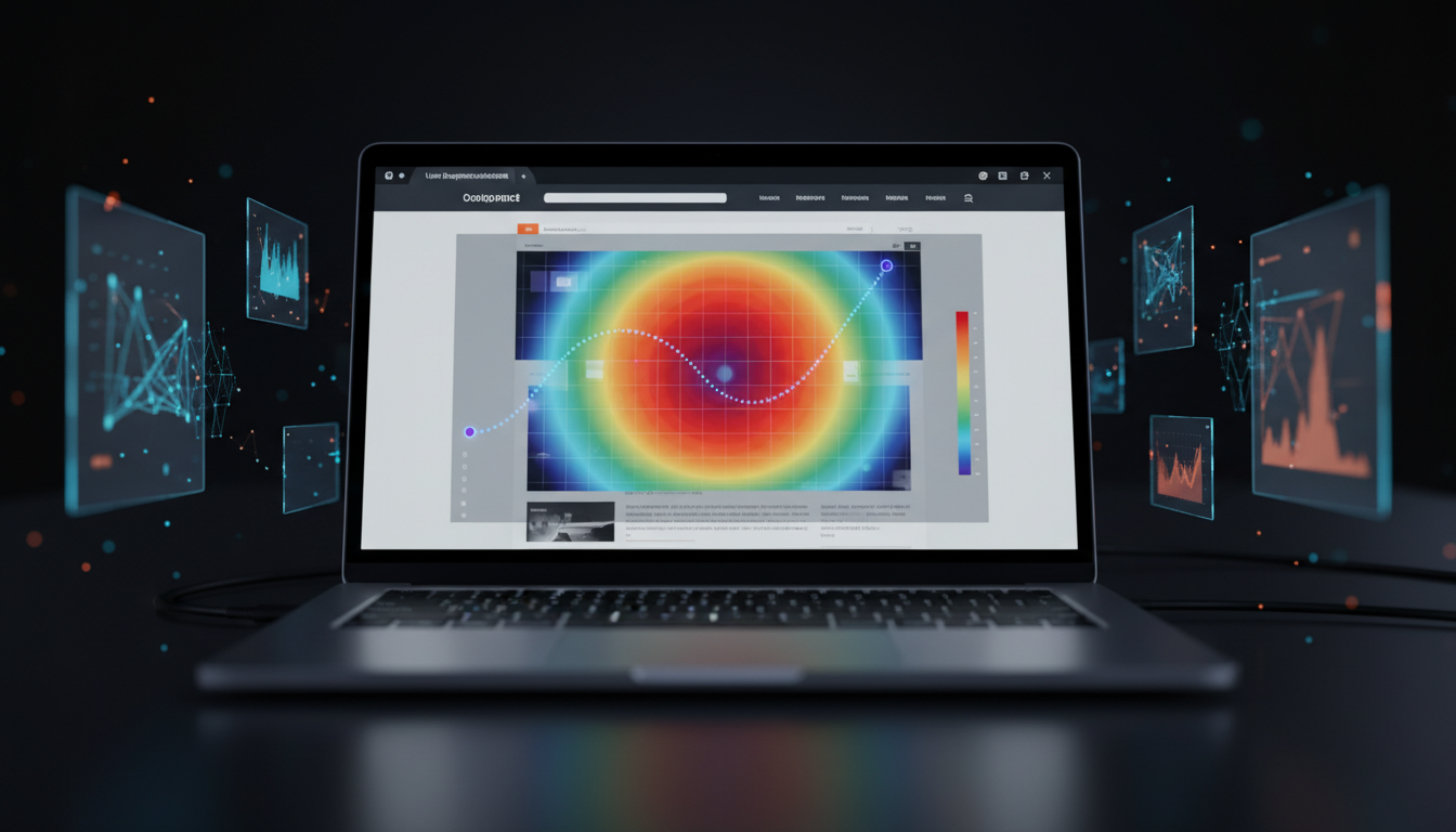 Интерфейс аналитической платформы с тепловой картой взгляда и AI-предсказаниями внимания