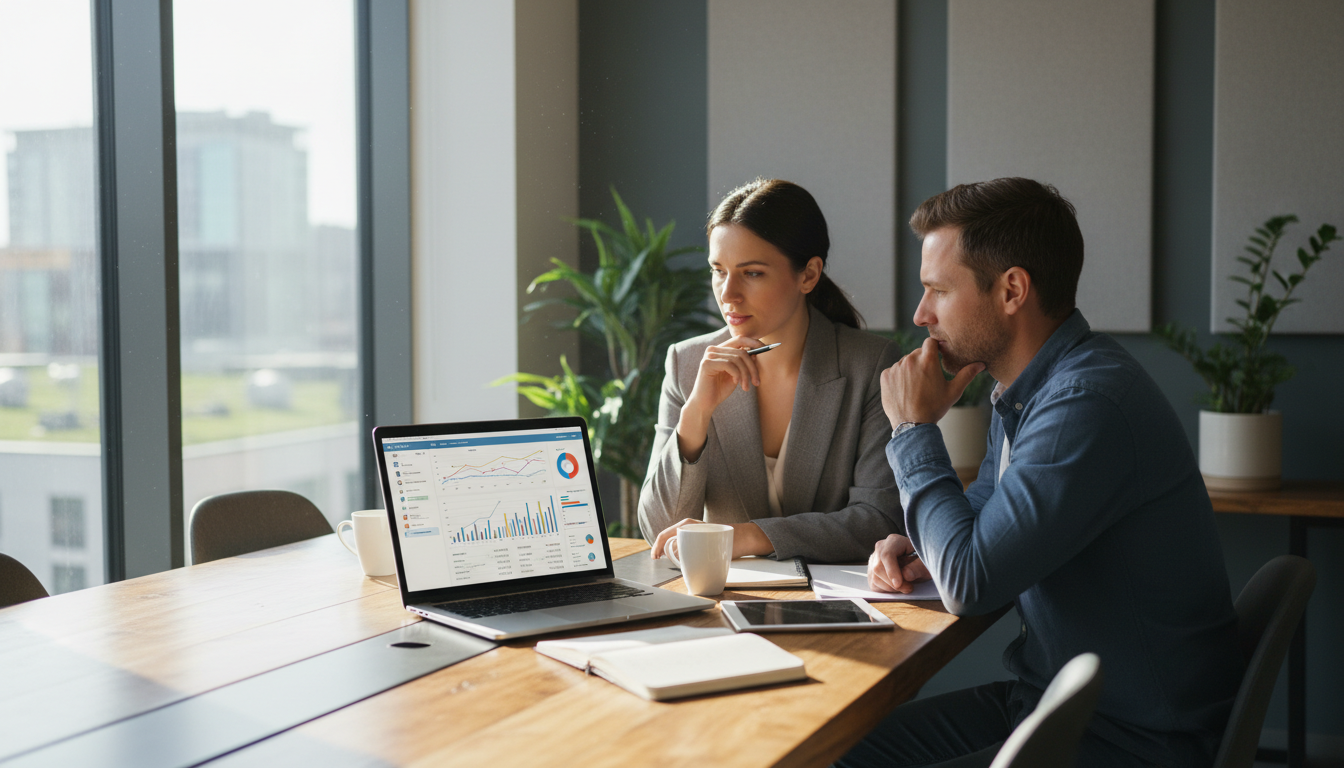 Выбор SEO-подрядчика — переговоры команды в офисе над ноутбуком с данными аналитики