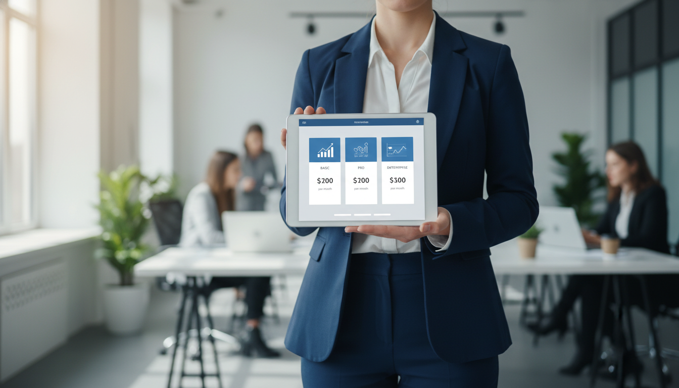 Бизнесмен выбирает тарифный план CRM-системы на планшете в современном офисе