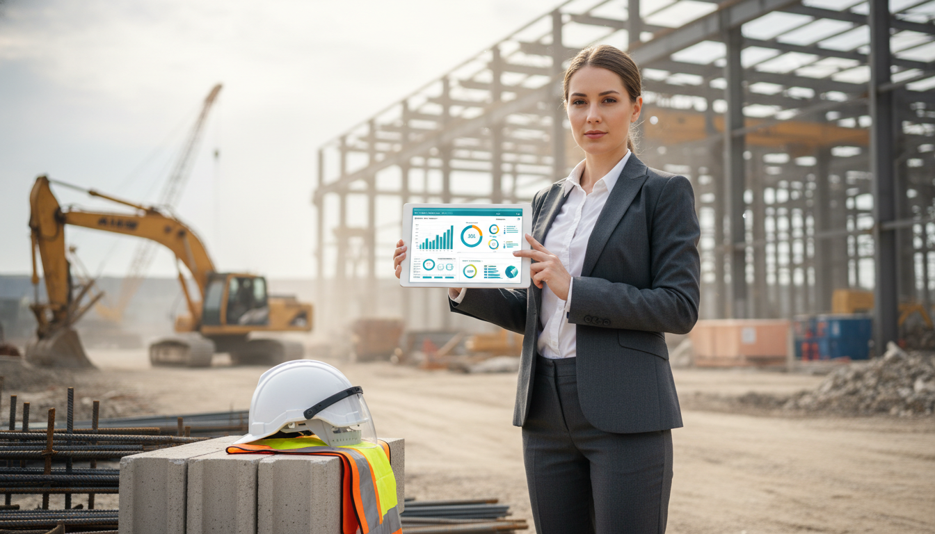 Руководитель строительной или производственной компании работает с CRM на планшете на объекте