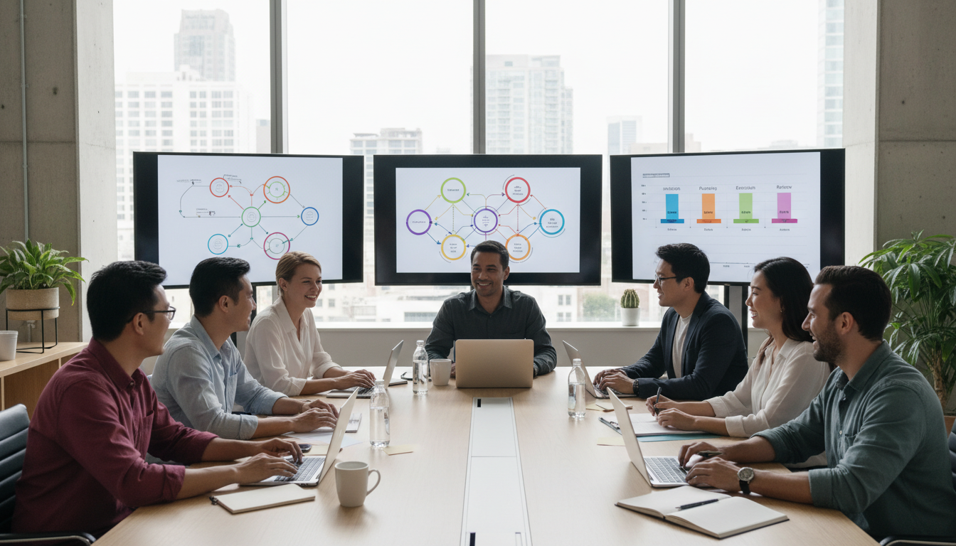 Команда сотрудников обсуждает этапы внедрения CRM-системы на рабочем совещании